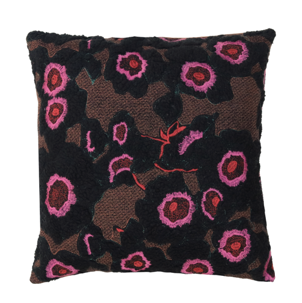 Kussen teddy bloem camel zwart roze 48x48cm