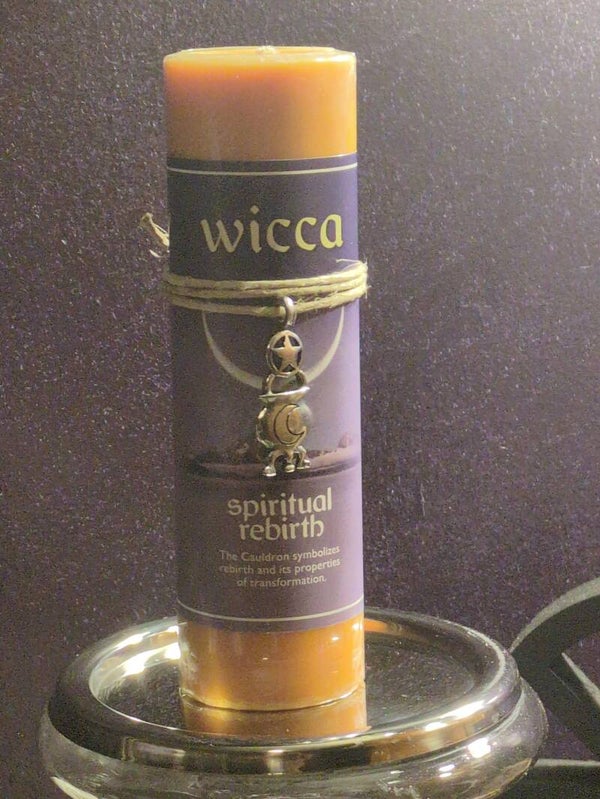 Spiritual Rebirth Wicca Pendant Candle featuring a pewter cauldron charm