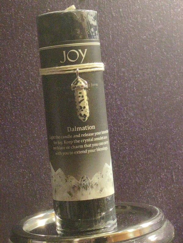 Joy Pillar Candle with Dalmatian Jasper Gemstone Pendant.