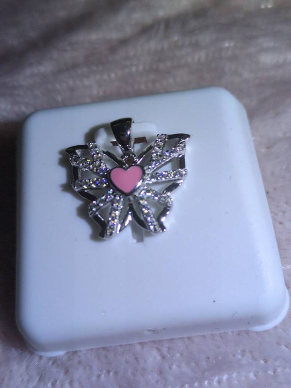butterfly pendant pink heart centerpiece and Moissanite crystal-set wings.