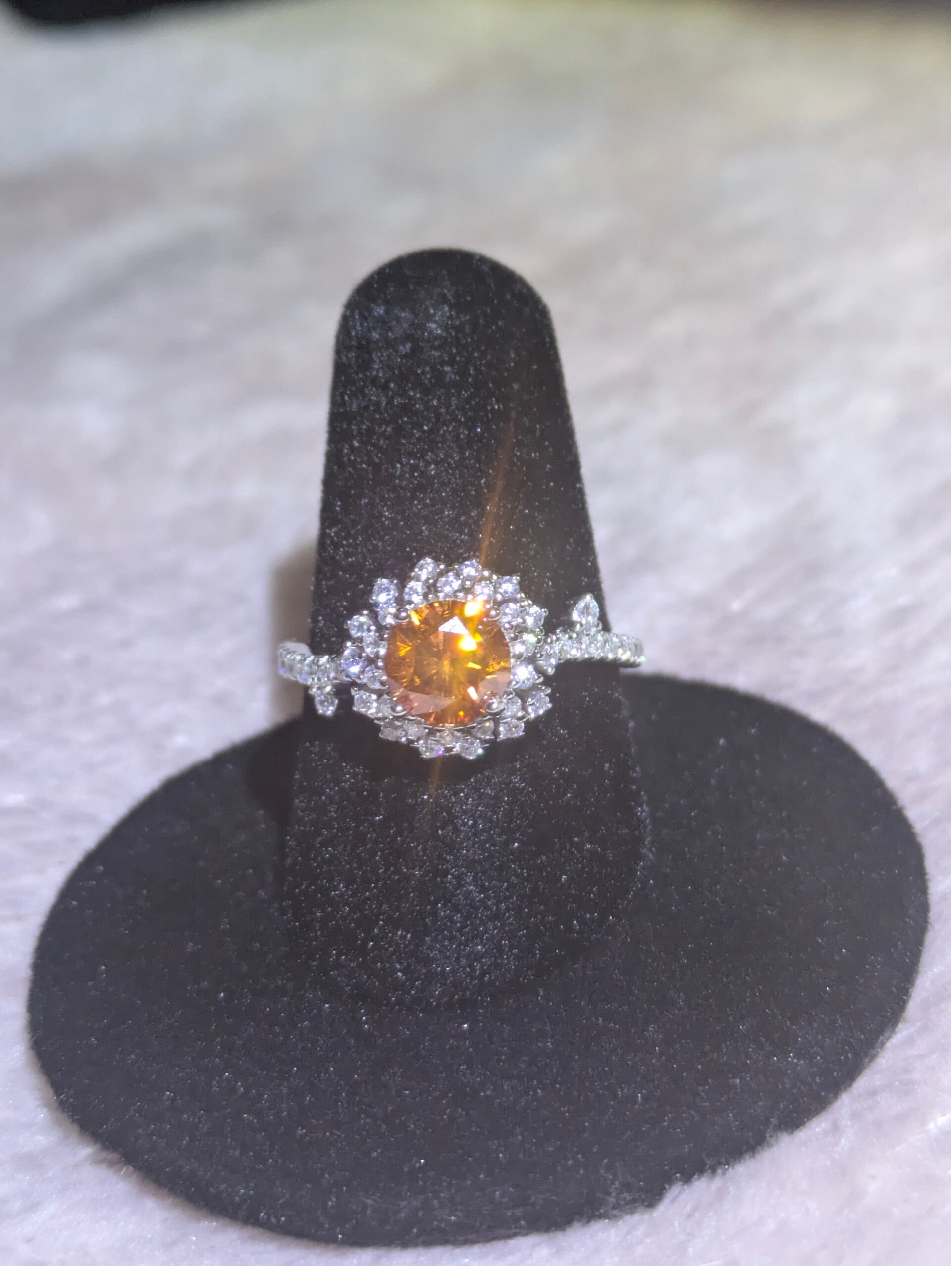 Sz 7 S925 Sterling Silver November Birthstone Citrine & Moissanite Floral Engagement Ring size 7