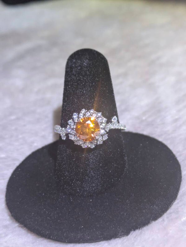 Sz 7 S925 Sterling Silver November Birthstone Citrine & Moissanite Floral Engagement Ring size 7