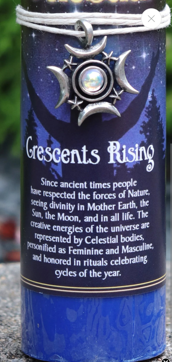 Celestial Crescents Rising pewter pendant spell candle by Benjamin International.