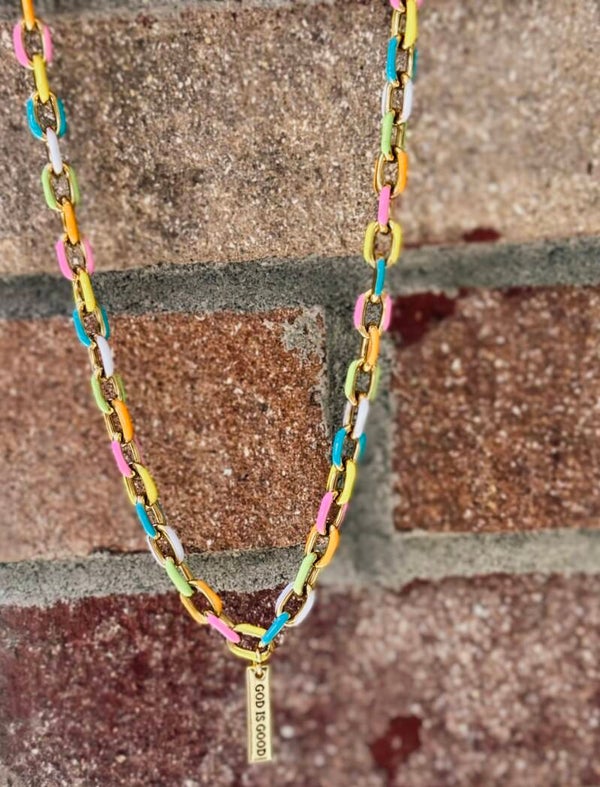 Colorful chain with “ god is good” charm
