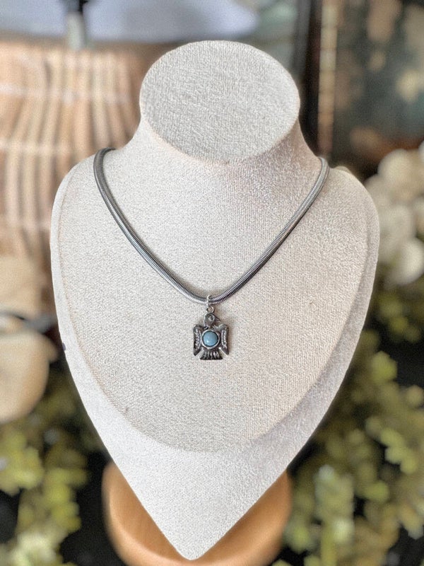 Silver and turquoise herringbone necklace