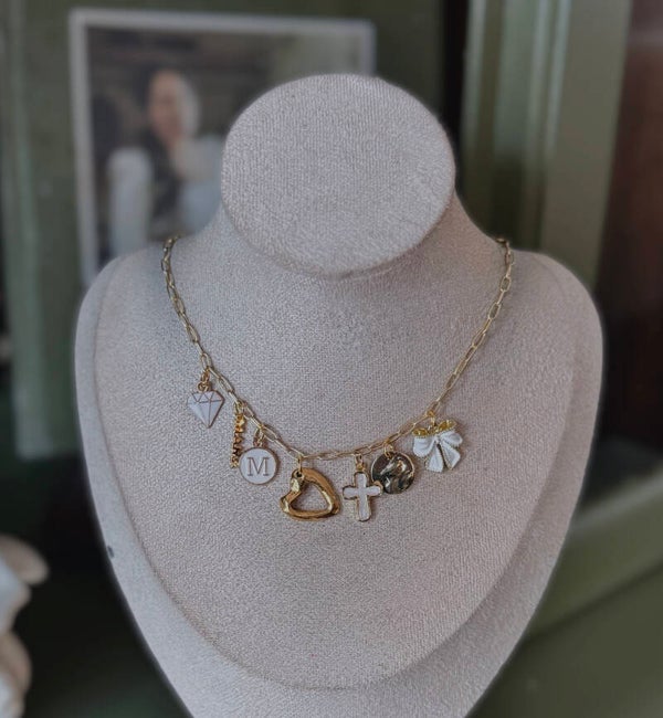 White and gold charm necklace