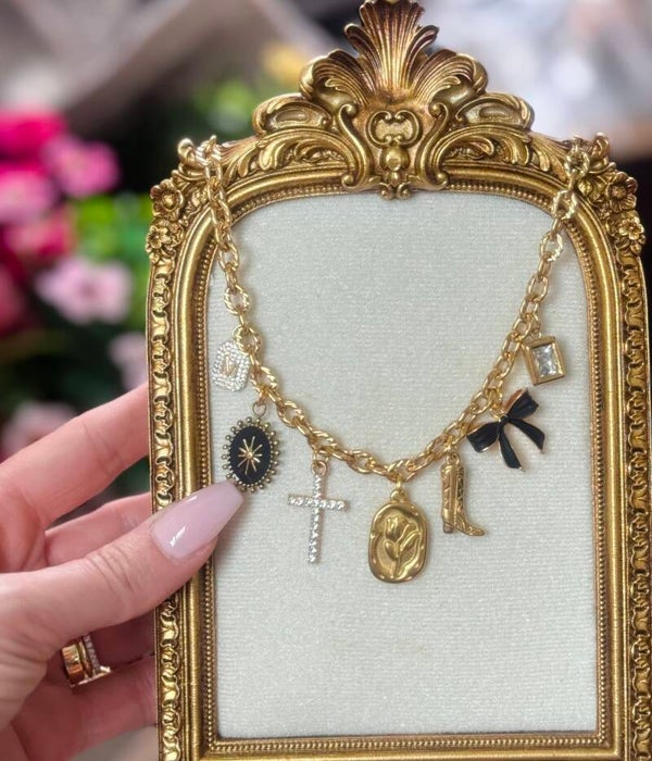 New black bow charm necklace