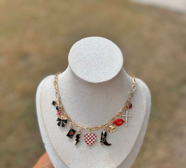 Red and white checkered western charm necklace