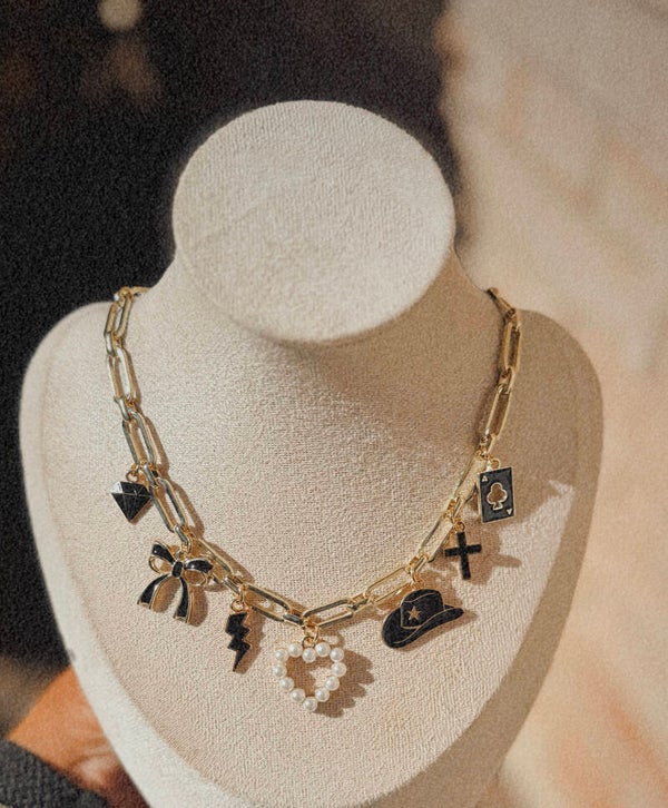 Pearl heart black charm necklace