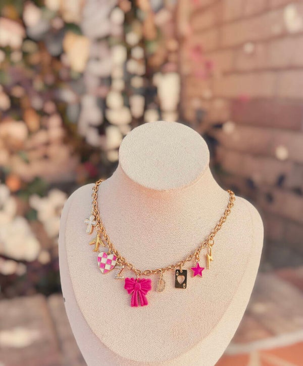 Hot pink bow charm necklace