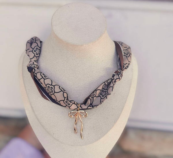 Bow Brown and Cream Scarf Necklace