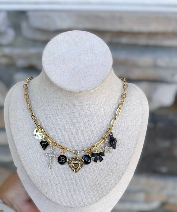 Custom matte black bow charm necklace
