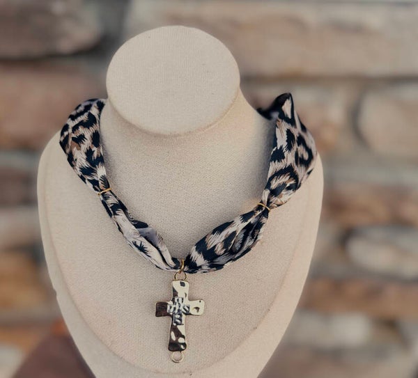 Cross cheetah scarf necklace