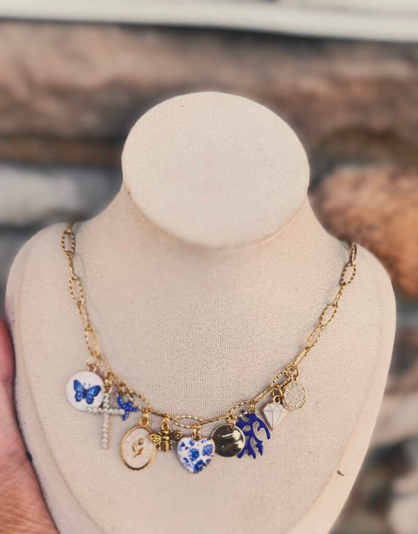 Blue and white charm necklace