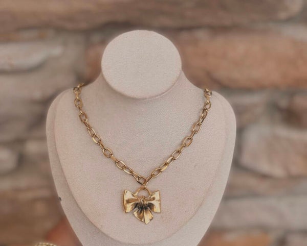 Solid Gold Bow Charm Necklace
