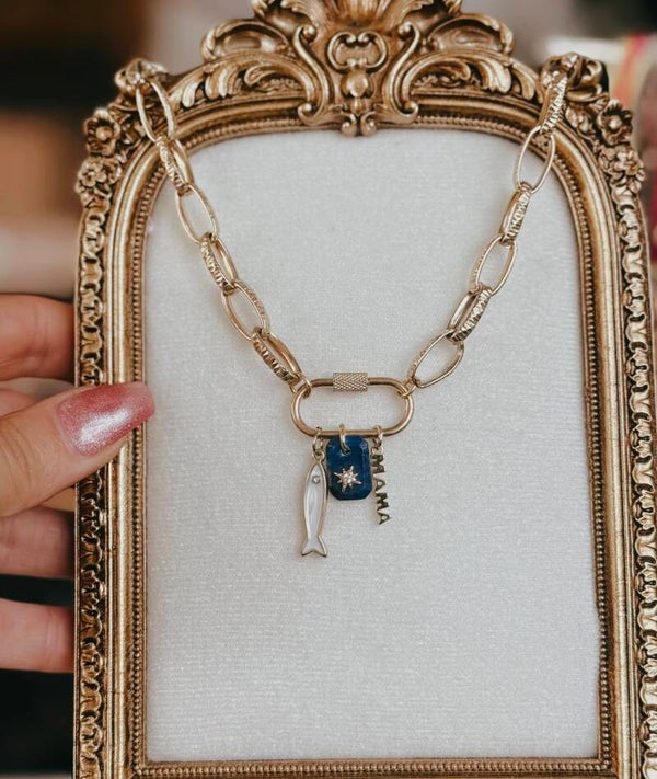 Fish, mama,blue pendant  necklace
