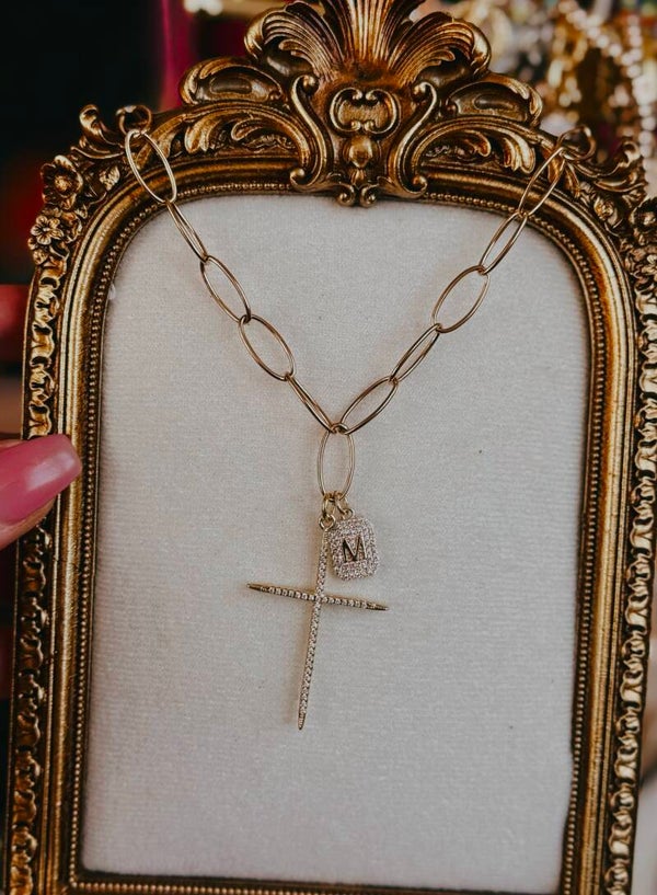 Cross and Diamond initial necklace