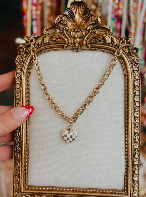Checkered white heart necklace