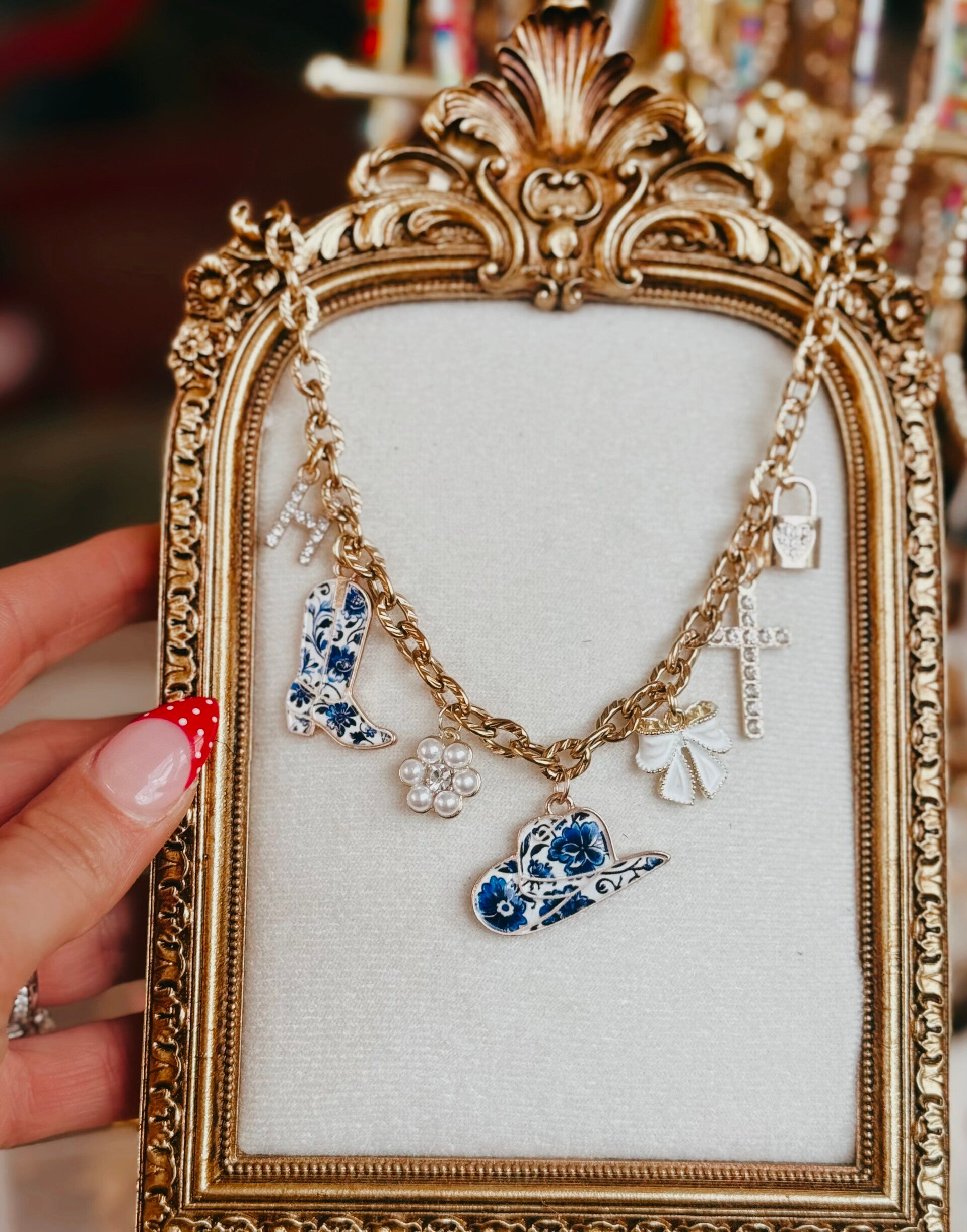Western blue and white charm necklace