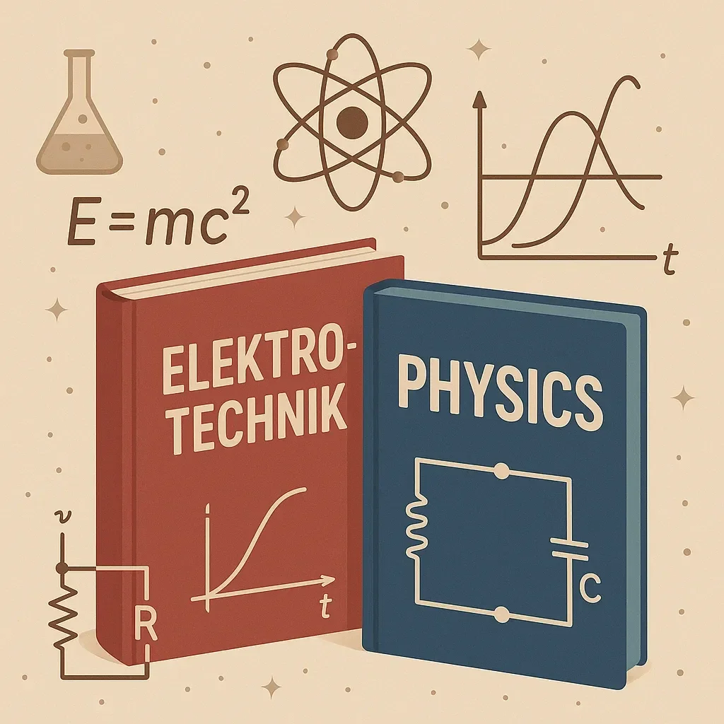 Zwei Bücher mit den Titeln „Elektrotechnik“ und „Physics“, daneben Formeln und Diagramme, die physikalische Gesetze veranschaulichen.