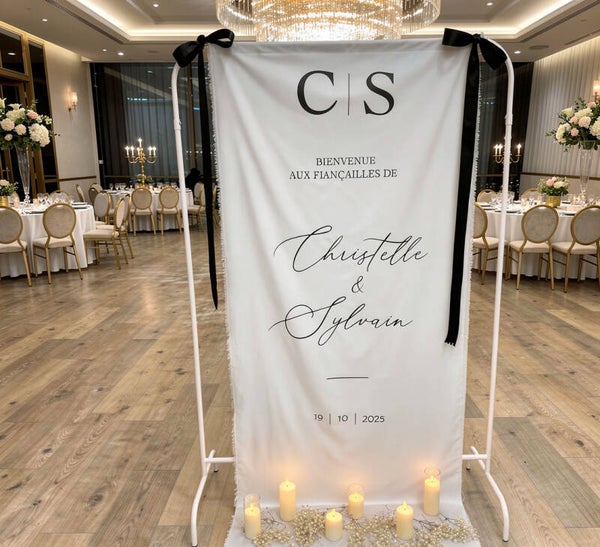Panneau de bienvenue mariage et évènement en tissu