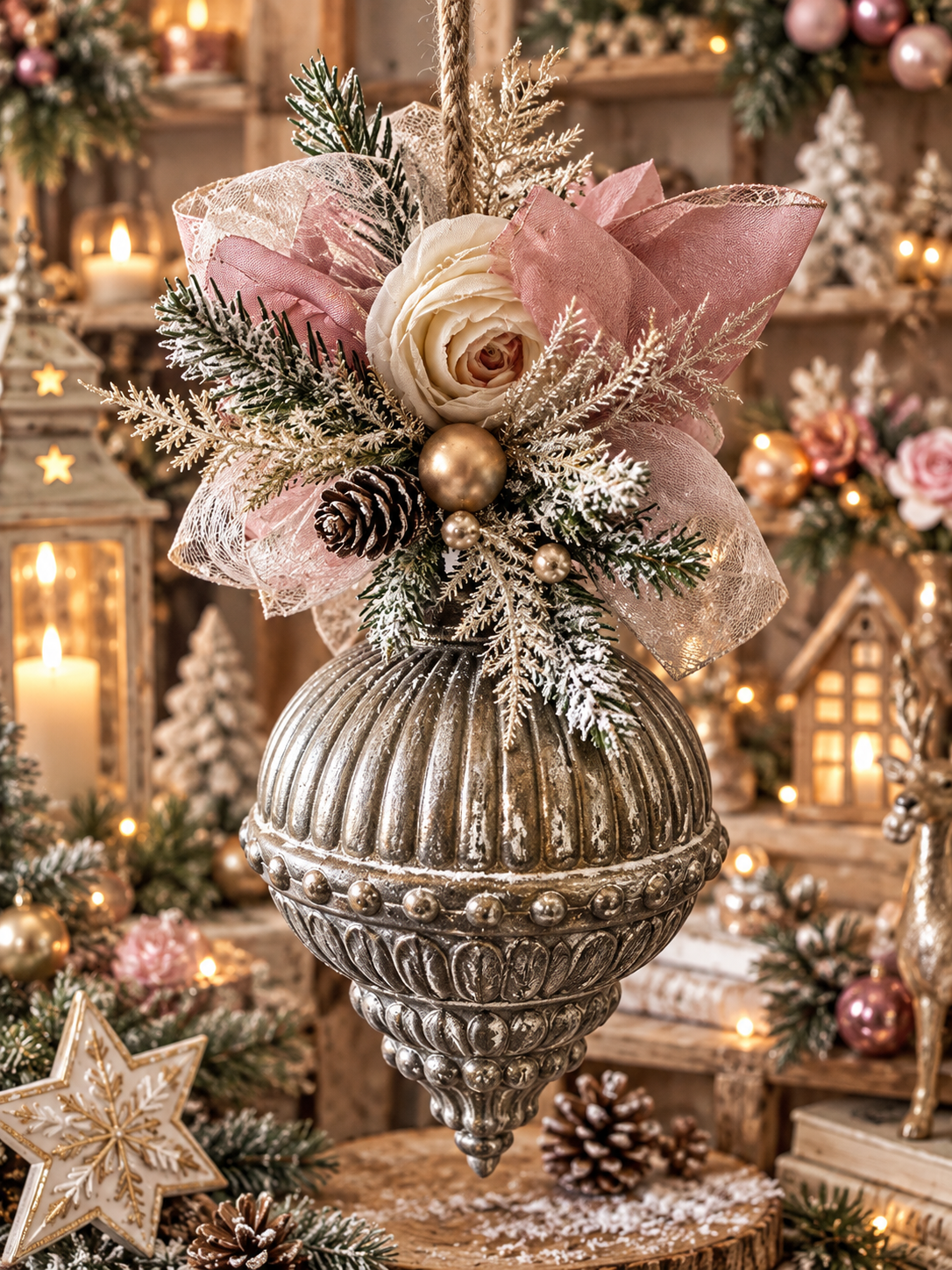 Suspension de Noël en verre – Rose d’Hiver 🎀