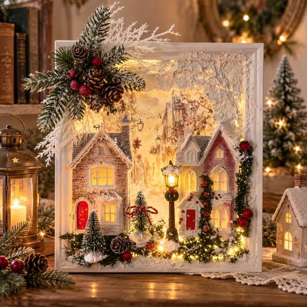 Le Village de Noël – Cadre lumineux (Porte rouge )