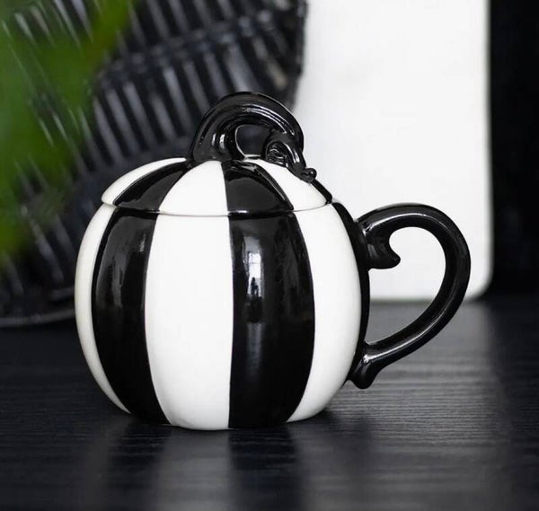 Tasse Citrouille d'Halloween à Rayures Noires et Blanches avec Couvercle