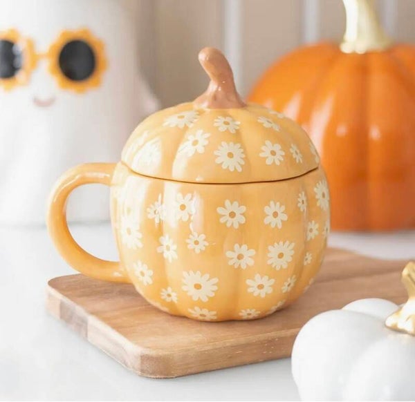 Mug en forme de citrouille florale groovy avec couvercle