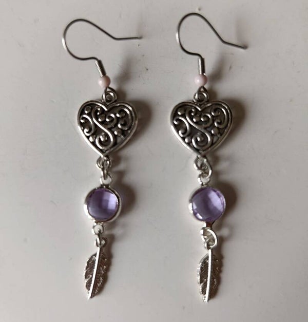 PD-REF06059-(12.00€)- Une Paire BO à Crochet - Thème Coeur Pierre et Breloque à Triple Suspension Verticale (Argenté)