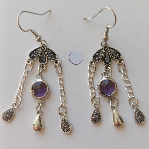 PE-REF06072-(15.00€)- Une Paire BO à Crochet - Thème Fleur et Goutte avec Perle à Triple Suspension Verticale (Argenté)