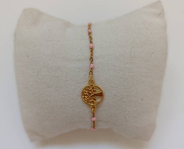 PE-BRCH-REF11001-(11.00€)-Un Bracelet Chaine Doré Perle Rose -  Breloque centrale Arbre de vie Doré