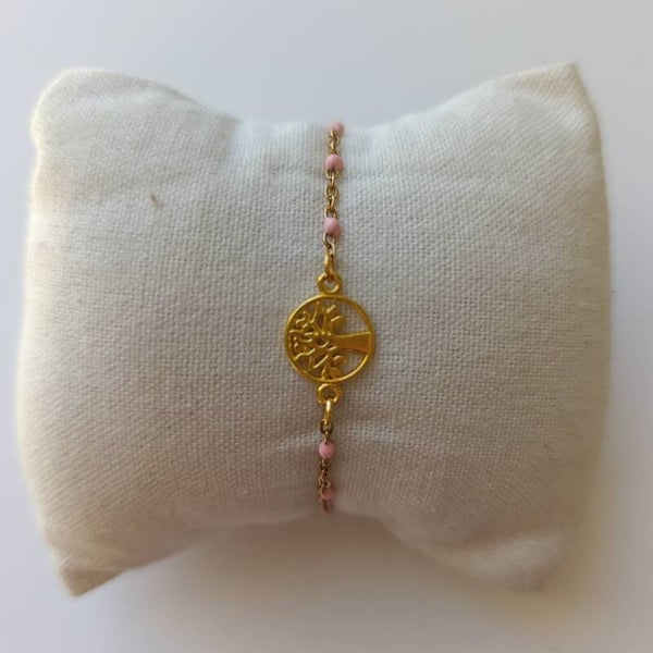 PE-BRCH-REF11001-(113.00€)-Un Bracelet Chaine Doré Perle Rose -  Breloque centrale Arbre de vie Doré