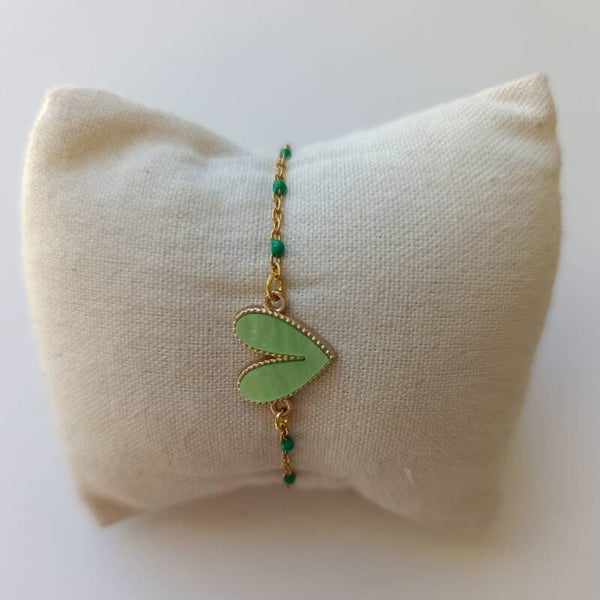 PE-BRCH-REF11003-(13.00€)-Un Bracelet Chaine Doré Perle Vertes -  Breloque centrale Coeur Vert