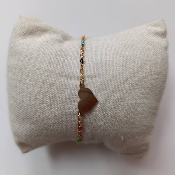 PD-BRCH-REF11008-(09.00€)-Un Bracelet Chaine Doré -  Coeur plat central (Doré) - Chaine perle ronde coloré