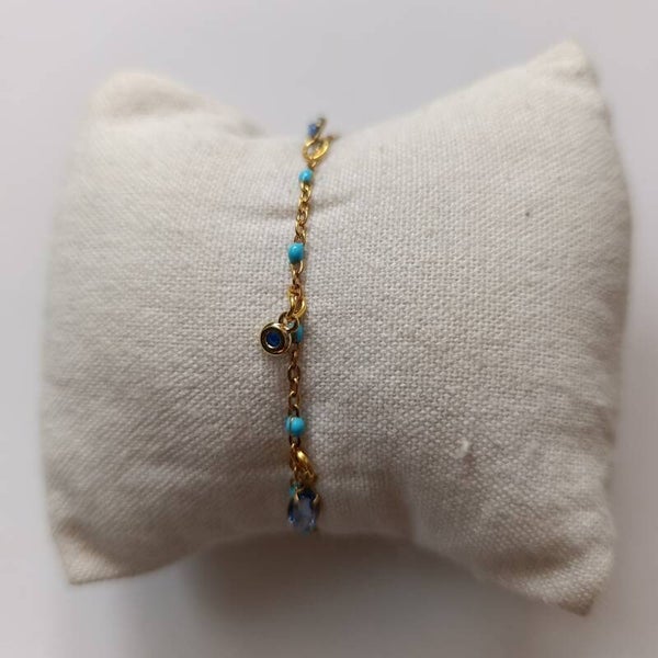 PE-BRCH-REF11010-(13.00€)-Un Bracelet Chaine Doré Perle Bleu  -  Breloques Trois Pierres Suspendues Bleu