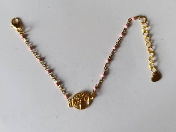 PD-BRCH-REF11001-(11;00€)-Un Bracelet Chaine Doré Perle Rose -  Breloque centrale Arbre de vie Doré