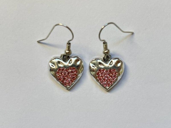 PD-REF6003-(6.00€)- Une Paire BO à Crochet - Thème Coeur Bombé - Strass Central (Rose)