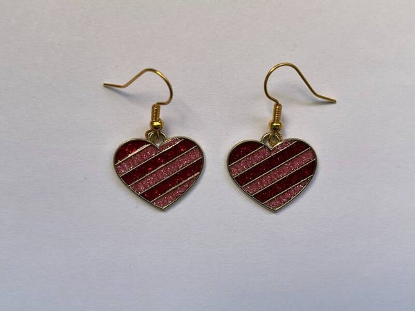 PD-REF8013-(7.50€)- Une Paire BO à Crochet - Thème Coeur Rayé Oblique (Rose/Rouge)