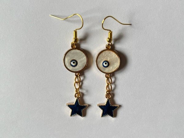 PD-REF8033-(8.50€)- Une Paire BO à Crochet - Thème Yeux Turquie (Blanc) - à Double Suspension Verticale Colorée