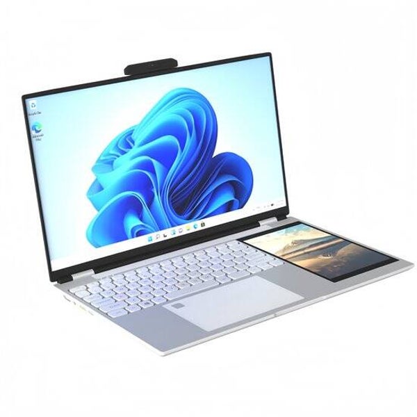 15.6" + 7" Dual-Screen Zakelijke Laptop, Intel N100 (3.4GHz), 16GB RAM, 1TB SSD, 180° Klapbaar, RGB Regenboog Toetsenbord met Ronde Toetsen, Vingerafdruksensor, Afneembare 2MP Webcam, IPS Touchscreen