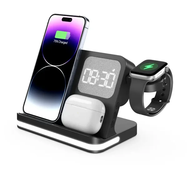 Draadloze oplader met wekkerfunctie voor iPhone, smartwatches en AirPods