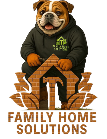 FHS Bulldog, Winston the mascot stands behind the Family Home Solutions logo—symbolizing quality, trust, and expert handyman services for homes across Canberra.