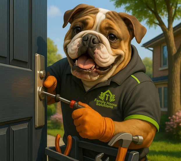 lock repair Canberra, Family Home Solutions handyman, door handle replacement, tradie dog mascot, trusted home maintenance, Winston the handyman dog, Canberra home services, front door repair, friendly locksmith services, local property maintenance.