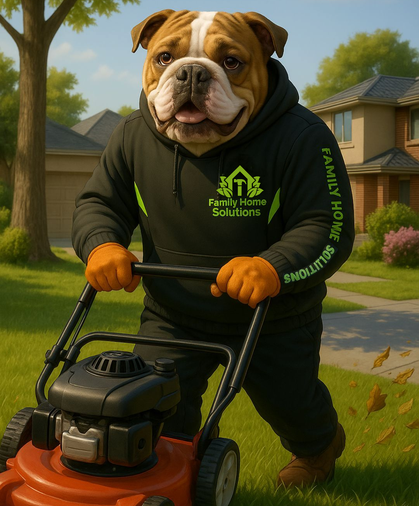 Family Home Solutions lawn mowing, dog mowing lawn, Canberra garden services, maintenance, lawn care mascot, reliable home services, outdoor property solutions, garden maintenance Canberra, bulldog lawn mower, family handyman services, Winston.