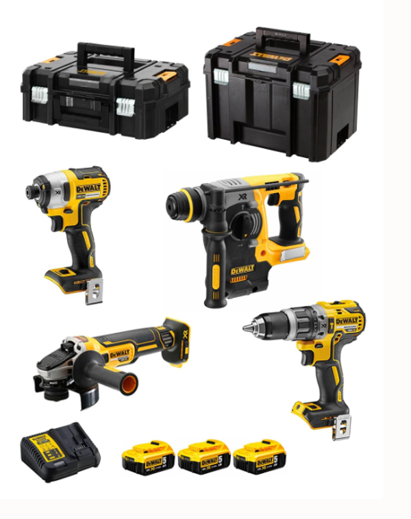 Pack professionnel 4 machines 18V DEWALT + 3 x 5Ah + chargeur + coffrets Tstak - DCK422P3T