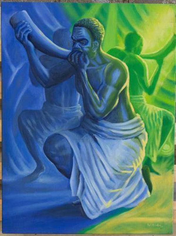 260671 - Kofi Baiden - Acrylic Music Painting on Canvas - Horn blowers - Ghana.