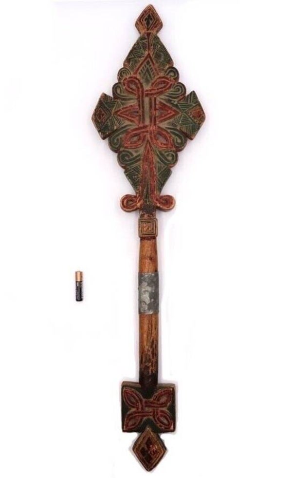 250324 - Large Olive Wooden 18th Century Ethiopian Coptic hand Cross - Ethiopia