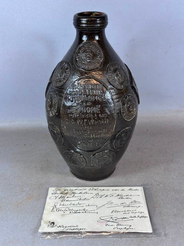 250114 - Rare Antique Vase Dutch Red Cross Ambulance to Ethiopia with postcard.