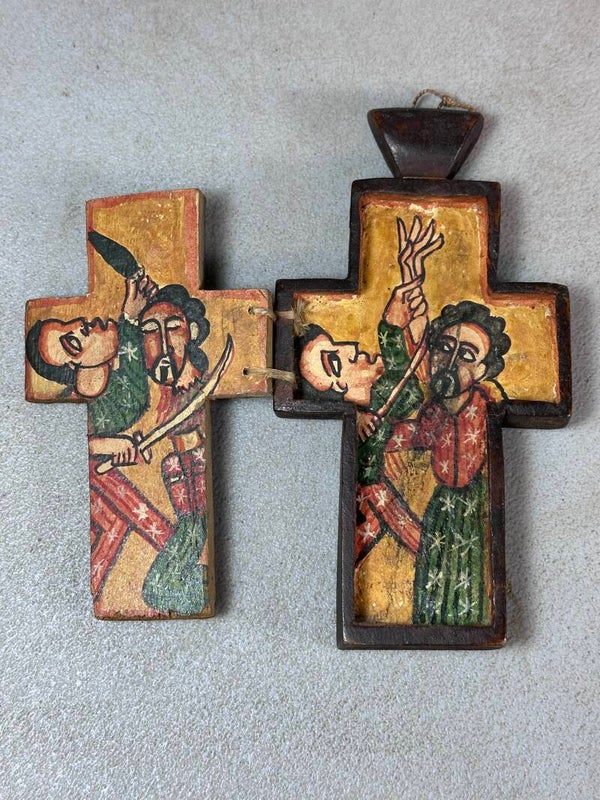 250138 - Antique handpainted coptic wooden cross icon - Ethiopia.